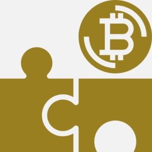 Imagem com o símbolo de Bitcoin e duas peças de quebra-cabeça se encaixando